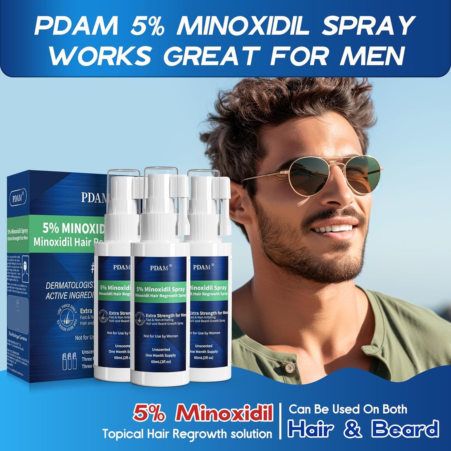 Minoxidil for Men Hair Growth Spray - 5% Topical Minoxidil for Hair and Beard Growth, Extra Strength Hair Regrowth Treatment for Hair Loss & Thinning Hair, 2 Fl Oz (60ml) *3