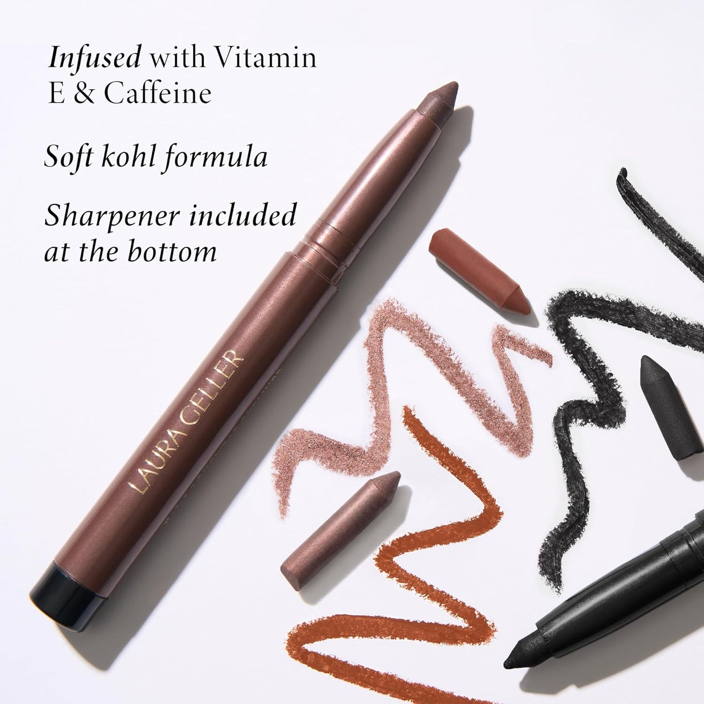 LAURA GELLER NEW YORK Kajal Longwear Kohl Eyeliner Pencil Duo - Deep Black & Smoky Taupe - Caffeine and Vitamin E - Smooth & Blendable Liner - Built-In Sharpener