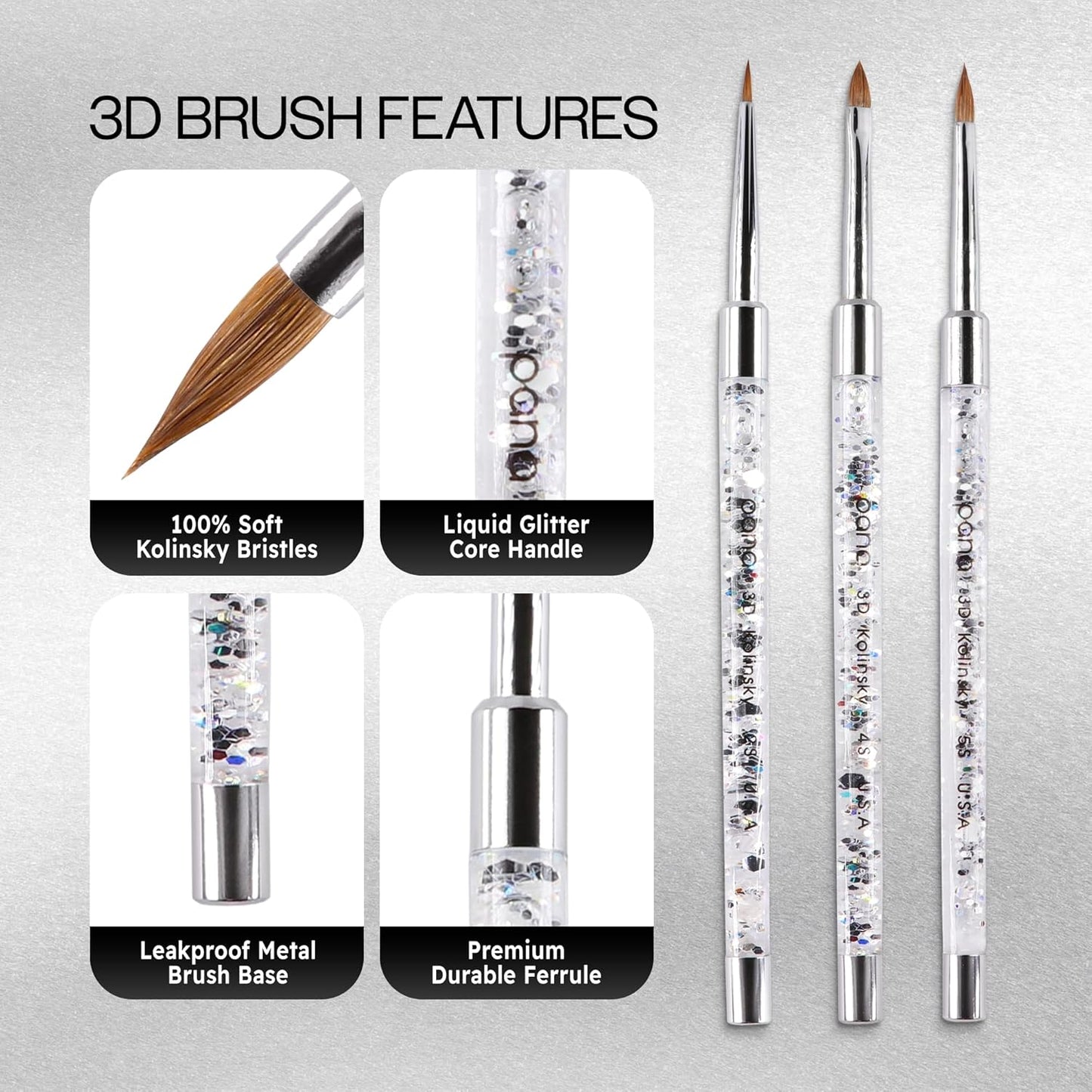 PANA 3D Kolinsky Nail Art Brush - Silver Glitter Handle, Size 2 - Acrylic Nail Art Sculpture Brush for Manicures Pedicure Salon Professional or Beginner