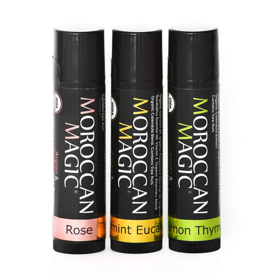 Moroccan Magic Organic Lip Balm Variety 3 Pack | Rose, Peppermint Eucalyptus, Lemon Thyme | Ultra Hydrating Argan and Essential Oils | Smooth Application | Non-Toxic Cruelty Free | Natural Gift Set