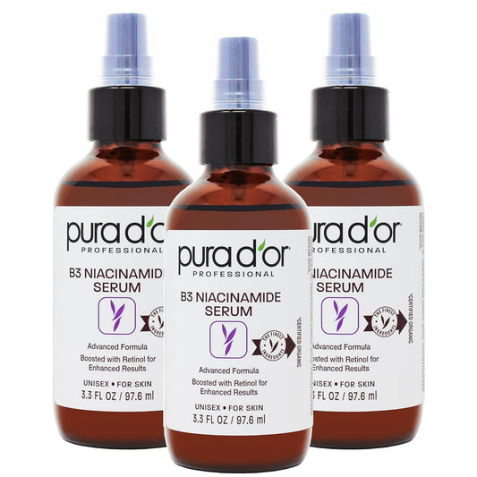 PURA D'OR B3 Niacinamide Advanced Facial Serum (3.3oz x3 = 9.9oz) Skin Care Formula with Retinol For Wrinkles, Hydration & Complexion - All Skin Types, Hypoallergenic - Women & Men