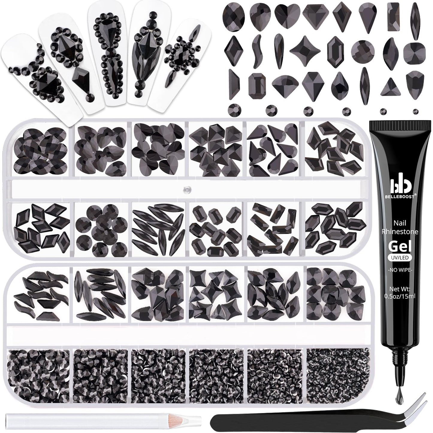 Glass Nail Rhinestones Multi-Shapes Flatback Gems, Round Crystal Glue Gel + 1500Pcs,arty Nails Diamond Gemstones