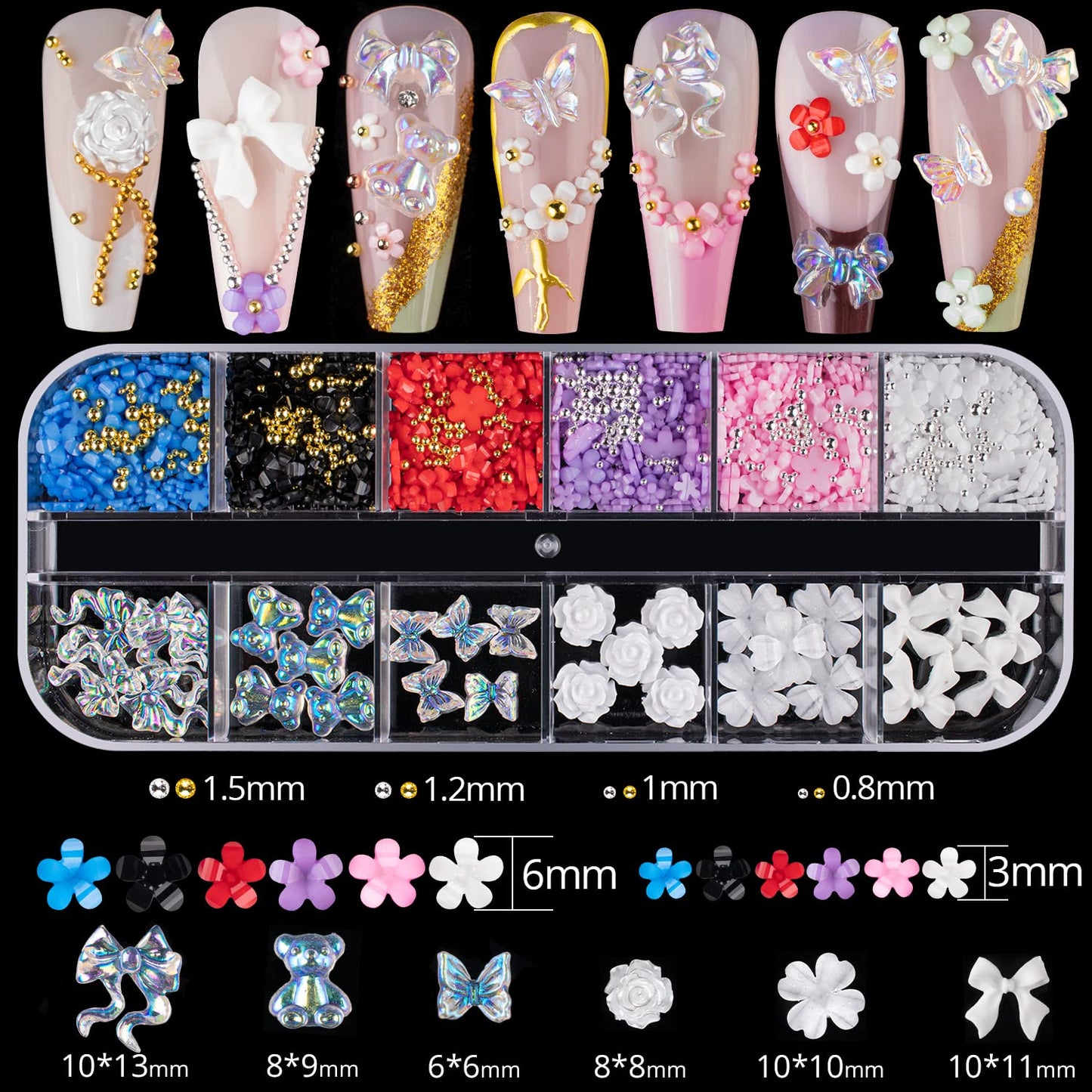 Mixed 3D Nail Art Gem Decoration Accessories Kit #11, Aurora Bear Bow Butterfly Starry AB Rhinestone Charm Jewelry for Deco, Pearl Flower Caviar Bead Stone Crystal with Pickup Pencil and Tweezer