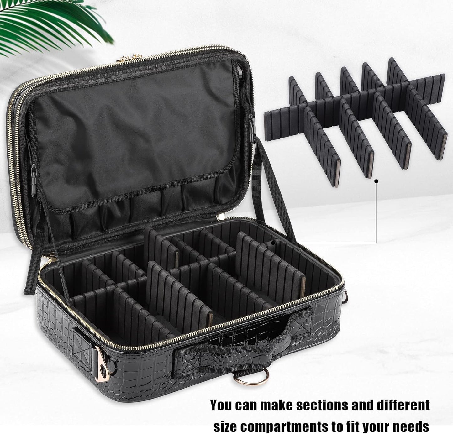 JOURMON Travel Makeup Case 3 Layers Makeup Train Case Crocodile Makeup Bag Organizer Portable Artist Storage Bag with Adjustable Dividers and Shoulder Strap