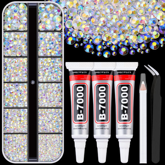 6000Pcs Resin Rhinestones for Bedazzling with 3Pcs B7000 Jewelry Glue, 1 Box Transparent AB Flatback Rhinestones for Crafting Crafts DIY, Crystals Gems for Clothing Shoes Tumblers Nail Art Makeup