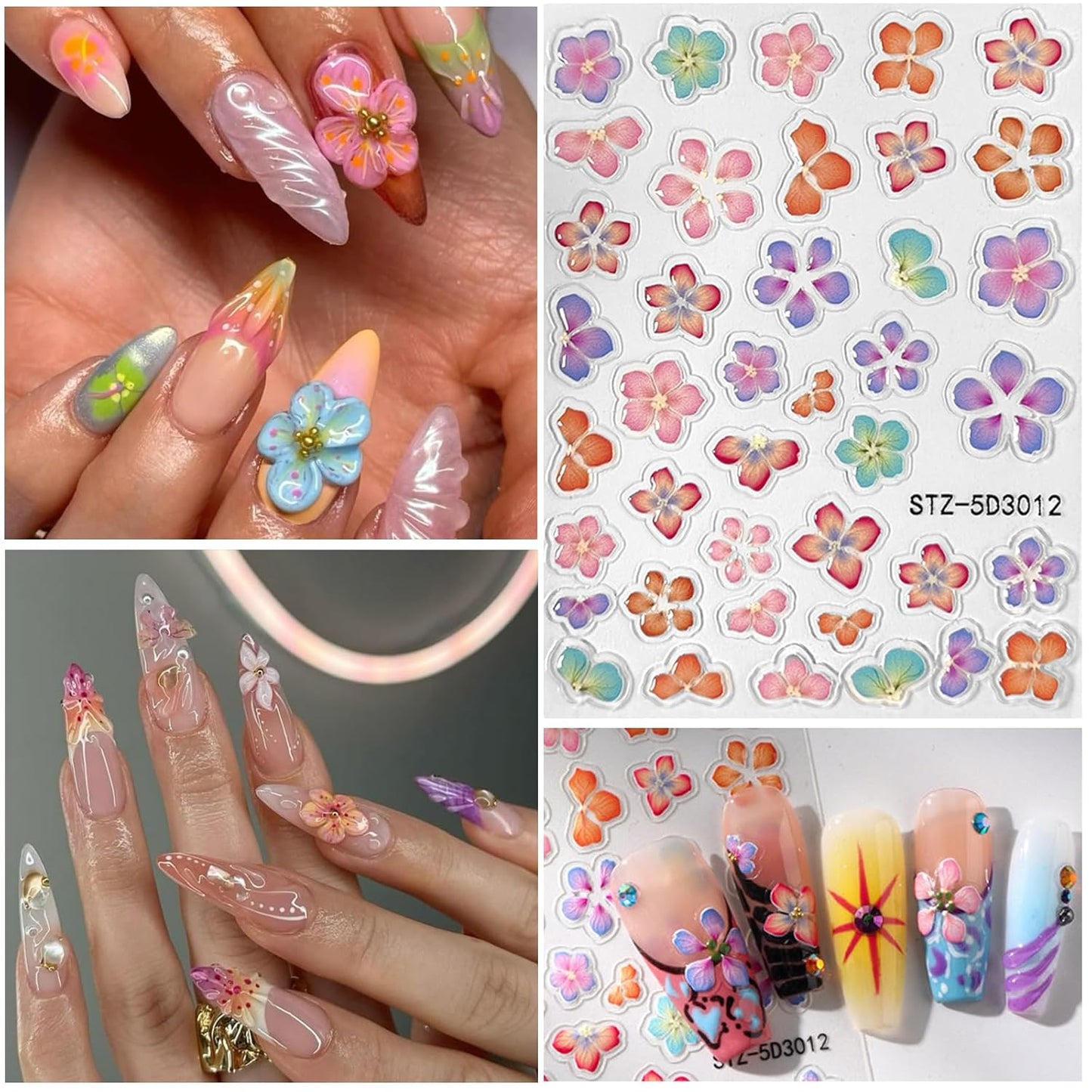 Flower Nail Art Stickers 5D Embossed Nail Decals Spring Summer Colorful Flower Nails Design Self-Adhesive 3D Accessories for Women Nails DIY Decoration(6 Sheets)