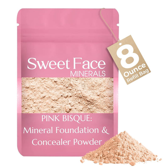 Foundation Powder Refill (Pink Bisque)(8 Ounce Bag) By Sweet Face Minerals, Lightweight Mineral Loose Makeup Powder with SPF 20, Full Coverage Flawless Finish, Talc-free, Cruelty-Free, Refill Pouch