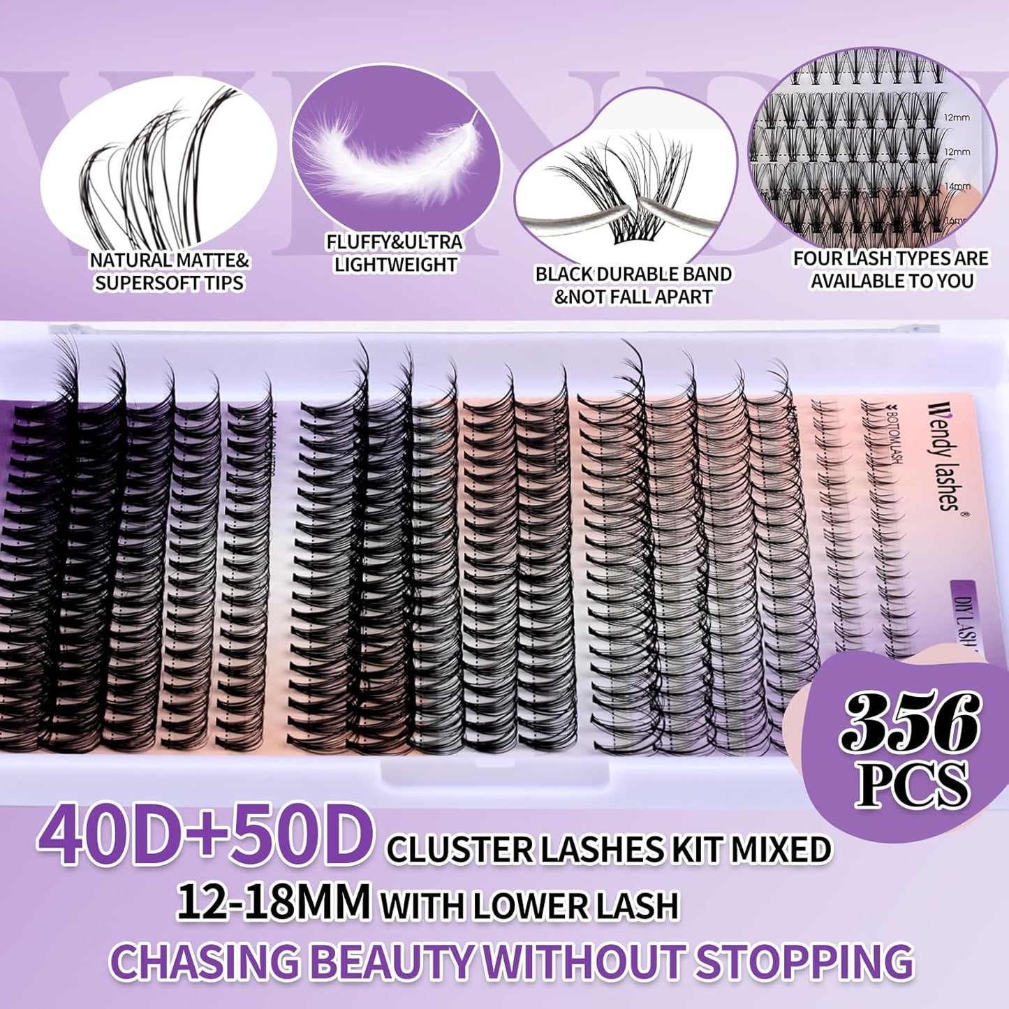 DIY Lash Extension Kit Lash Clusters With Bottom Lashes 20/30/40/50D 12-18mm Multi-types Individual Lashes Bond and Seal, Spike, Nature Volume Lashes Kit Lash Applicator(40/50 Kit)