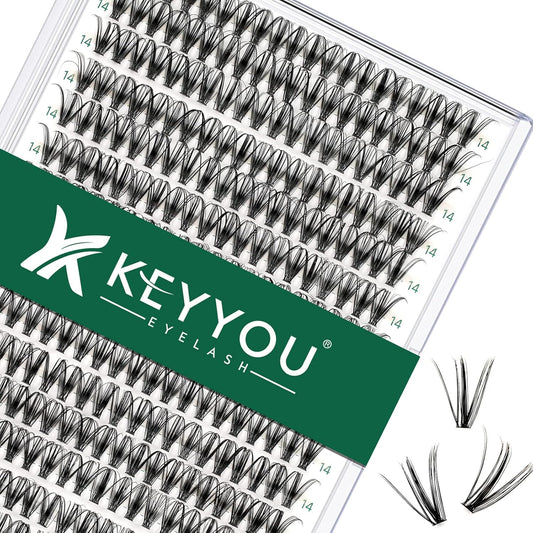 Lash Clusters 300pcs Individual Lashes 30D 0.07D Curl 14mm DIY Eyelash Extension KEYYOU Large Tray Volume Soft&Natural Eyelash Clusters(30D-0.07D,14）