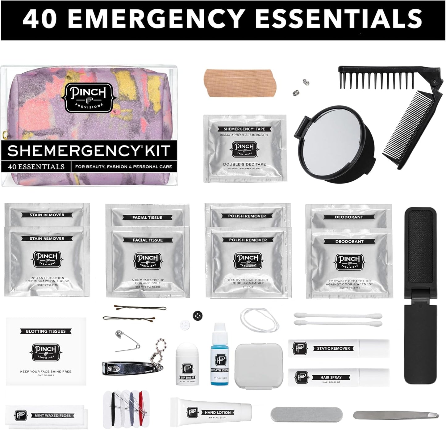 Pinch Provisions Shemergency Kit for Her, 40 Emergency Essential Items, Compact, Multi-Functional Pouch, Gift for Women, Birthday, Bachelorette Parties, and More!