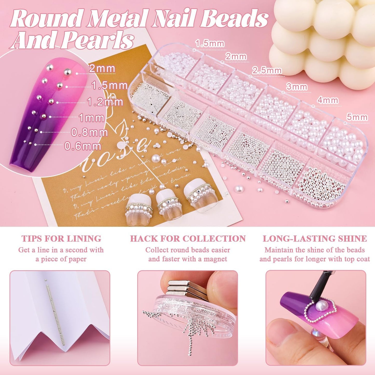 Luxurious Flatback Pearls (White) & Metal Nail Beads (Silver) with Rhinestones Glue Gel for Acrylic Nail Tips Manicure Decor