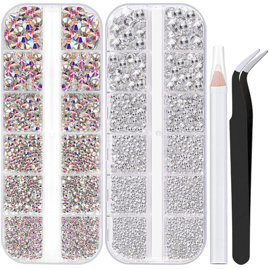 Two Packs of Flatback Rhinestones 4000 Pcs Nail Art Rhinestones Flatback Crystal AB+Transparent White Clear Rhinestone with Picker Pencil and Tweezer for Nail Art and Decoration