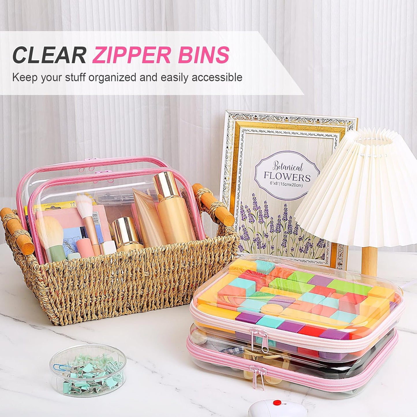 Hoolerry 4 Pcs Hard Clear Zipper Case Makeup Bags Plastic Pencil Pouch Transparent Storage Box Containers for Cosmetics, Snacks, Building Blocks, Puzzles(Pink,9.8 x 7.9 x 2 in)