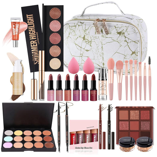 All-in-one Holiday Make up Gift Set | Makeup Kit for Women Full Kit Essential Starter Bundle Include Eyeshadow Palette Lipstick Blush Foundation Concealer Face Powder Mascara Lipgloss Brush