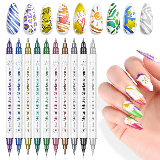 SAVILAND Essentials Nail Art Pens Set: 10 Colors Double Ended Quick Dry Nail Polish Pens for Nail Art Design Painting Drawing Liner Brush Dotting Tool Metallic Nail Paint Markers Pen Home Manicure DIY