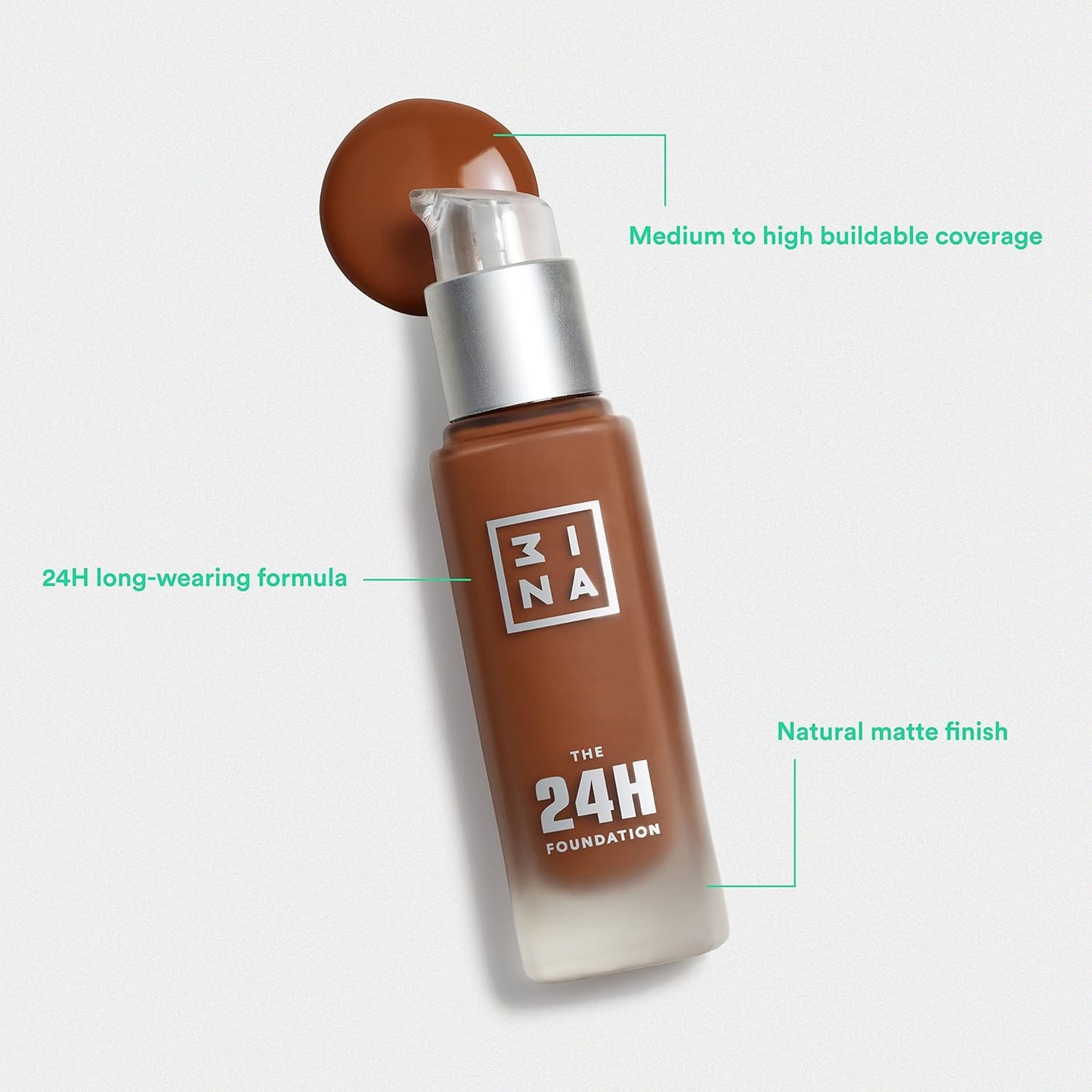 3INA The 24H Foundation 654-24H Long-Wearing Formula - Medium To High Buildable Coverage - Smooth Matte Finish - Expanded Shade Selection - Waterproof, Cruelty Free, Vegan Makeup - 1.01 Oz