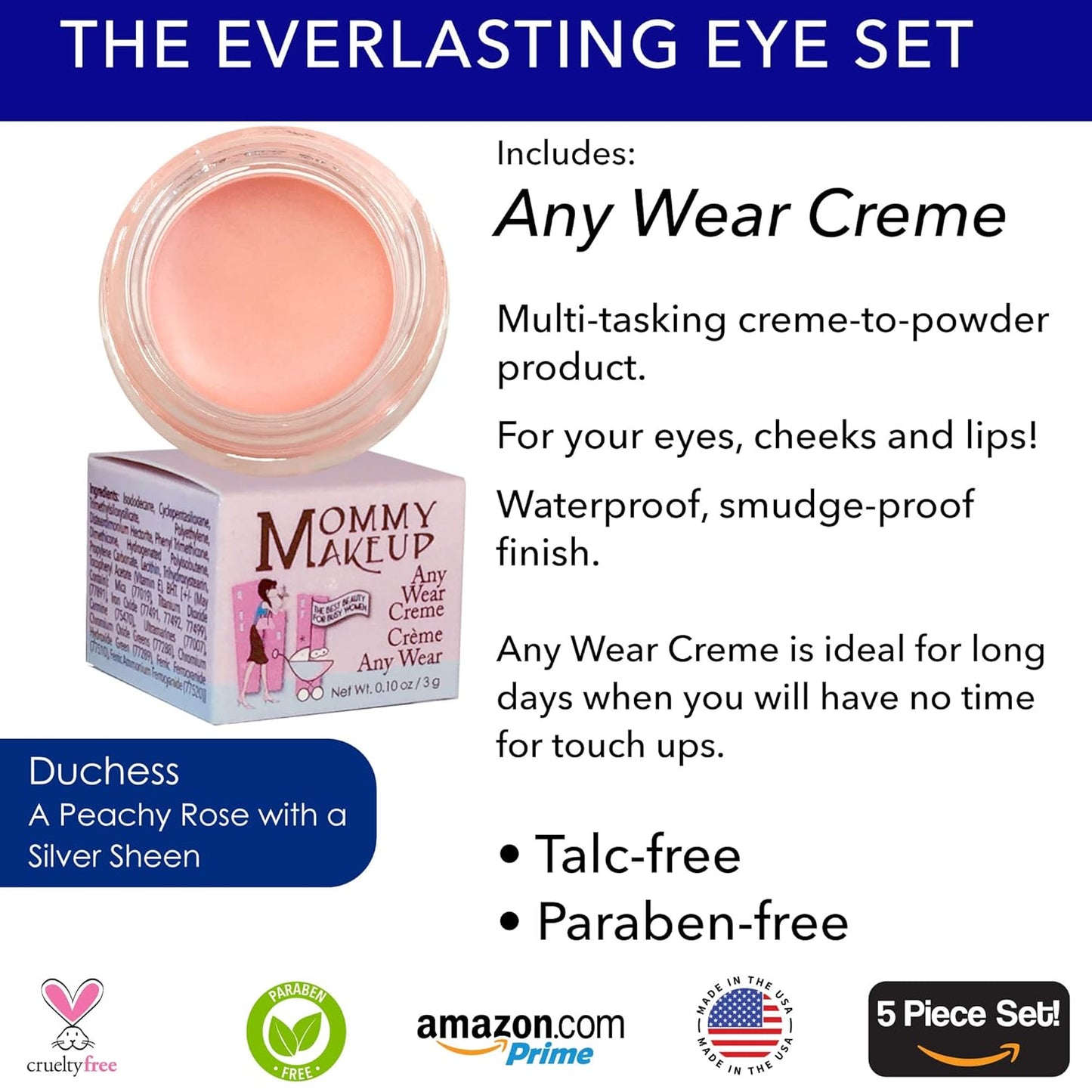 The Everlasting Eye 5 Piece Waterproof Makeup Set. Gel Eyeliner, Creme Eyeshadow, 2 brushes and Mesh Bag. Paraben-free, Talc-free, Cruelty-free. Duchess/Black Orchid 1708