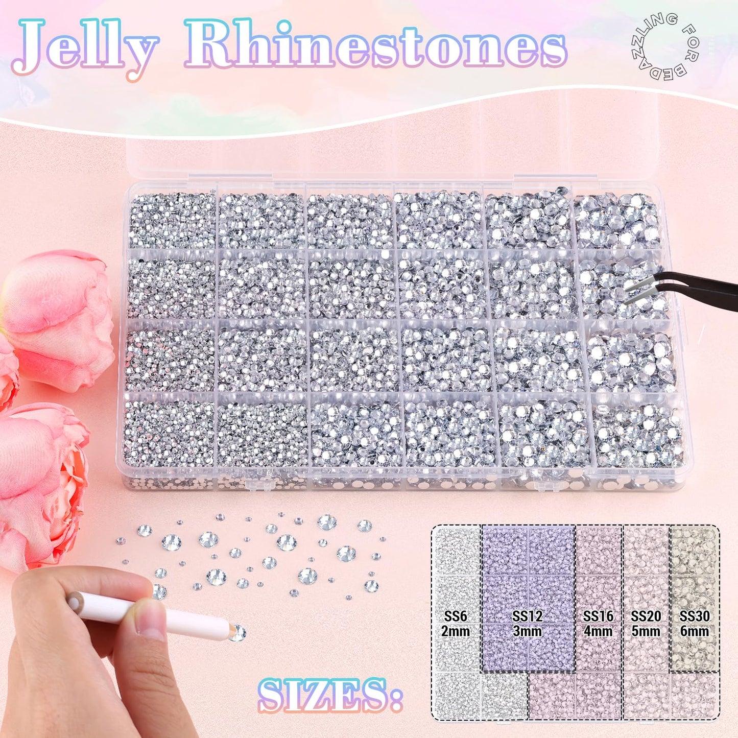 30000Pcs Resin Silver Clear Rhinestones with B7000 Jewelry Glue for Bedazzling Crafting, 2-6mm Flatback Gems, Bedazzler Kit for Crafts Clothing Tumblers Shoes Decor Nail Art