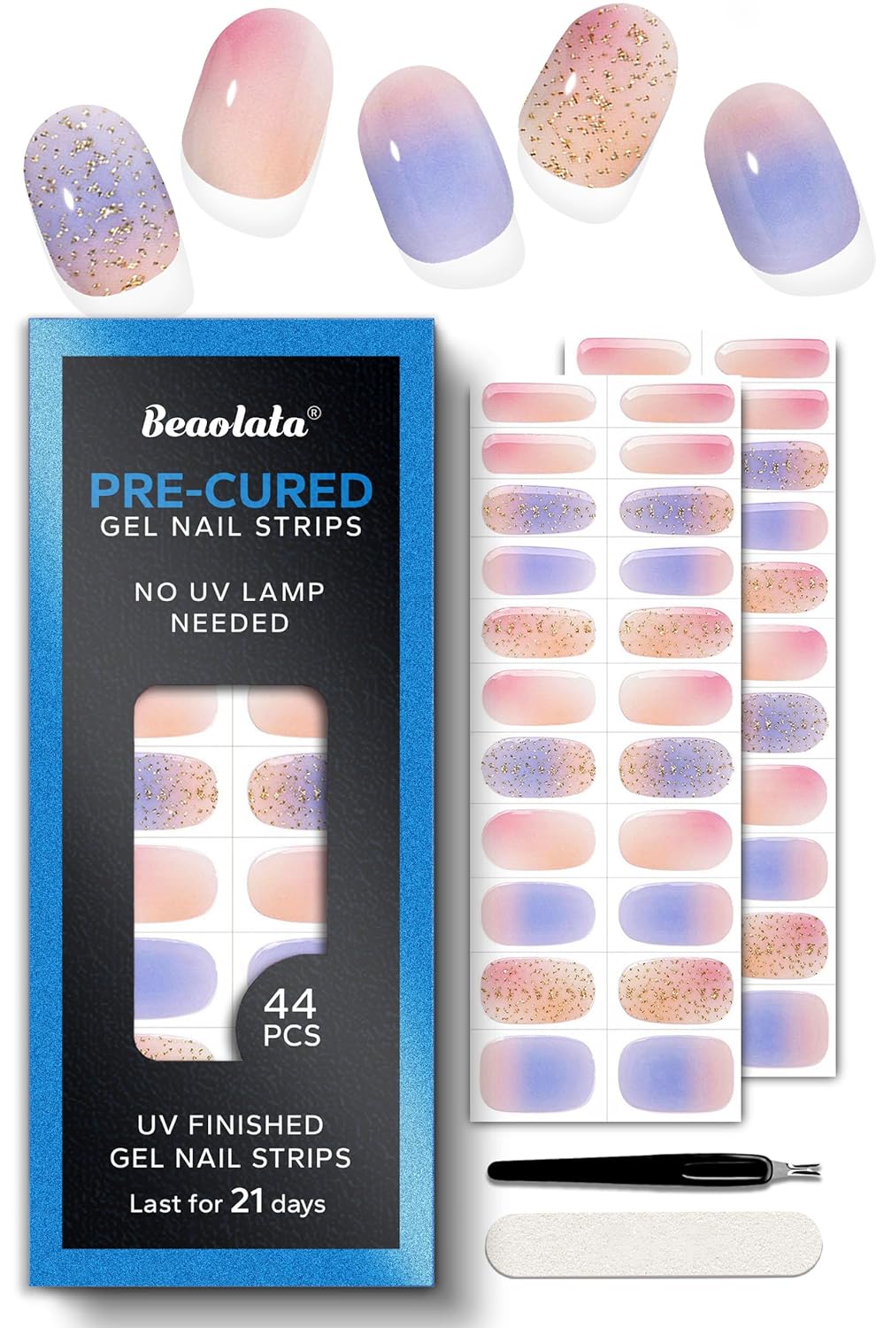 Pre Cured Gel Nail Strips - 44PCS Salon Quality Gel Nail Stickers - Long Lasting Polish Wraps for Women no UV Light Needed Easy Apply& Remove (Blush Blue）