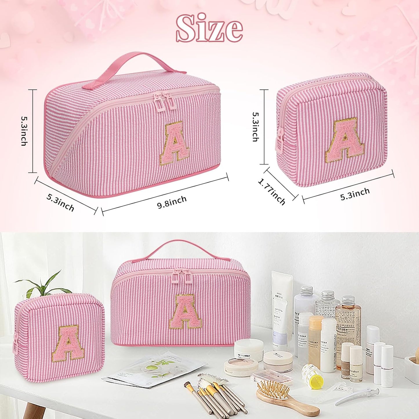 Travel Makeup Bag for Women, 2Pcs Portable Personalized Initial Makeup Organizer Bag, Open Flat Large Cosmetic Bag With Travel Essential Pouch (Pink Letter N)