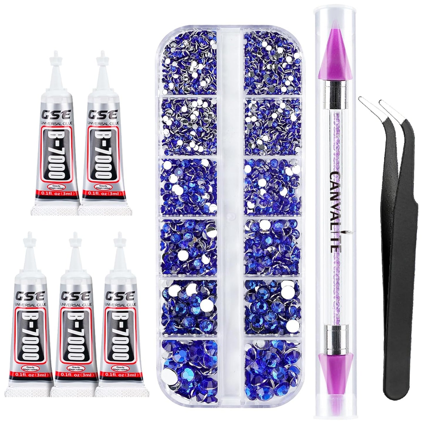 Canvalite 2784PCS Blue Rhinestones Flatback Gems, Nail Rhinestones Nail Art Gems with Glues, Pick Up Tweezers and Rhinestone Picker Dotting Pen, Nail Art Tools for Nails, Clothes, Face, Crafts