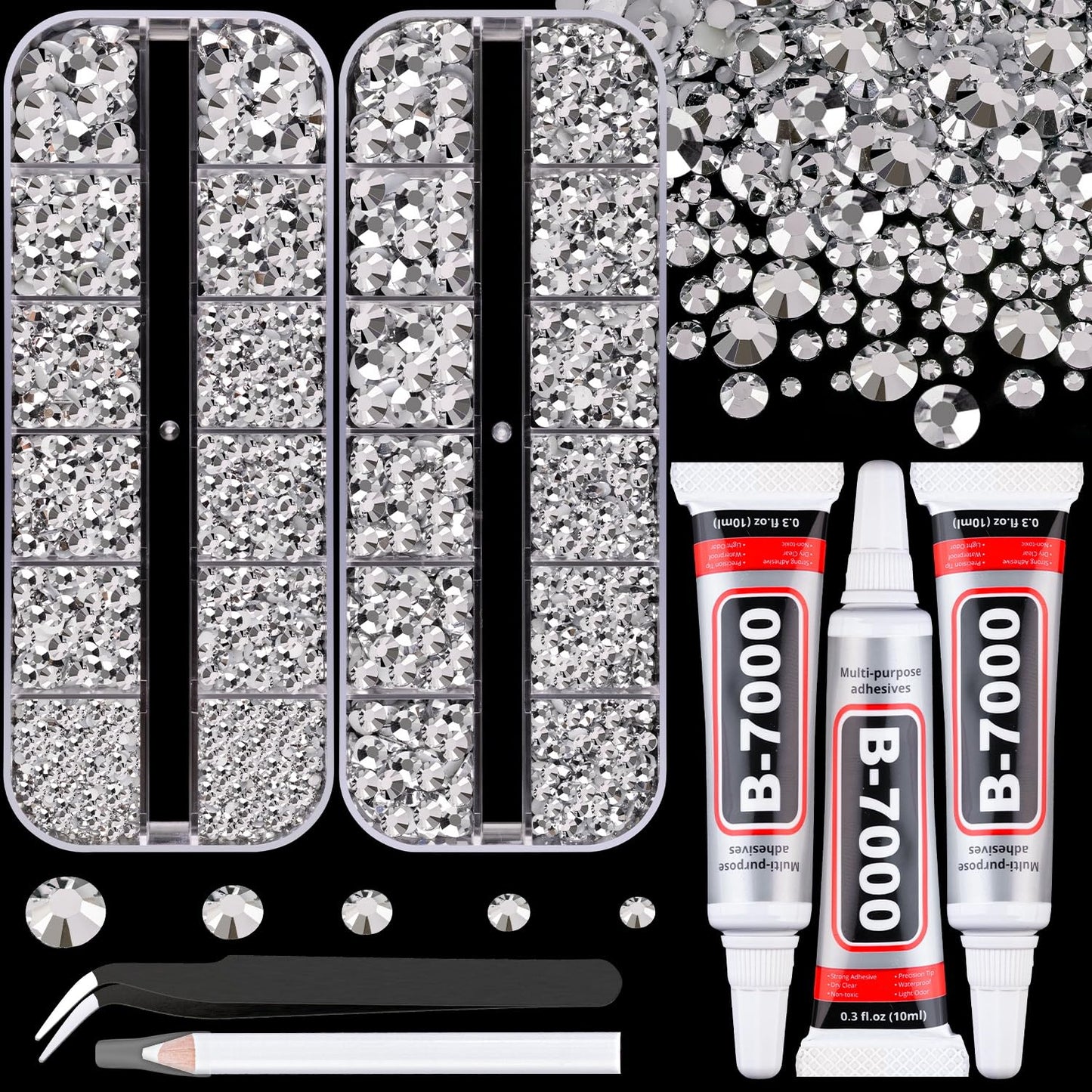 Resin Rhinestones for Crafting with B7000 Jewelry Glue, 2 Boxes Sliver Flatback Crystals with 3Pcs 10ml Glue for Bedazzling Crafts DIY Nail Art Makeup，Non Hotfix Gems for Clothing Shoes