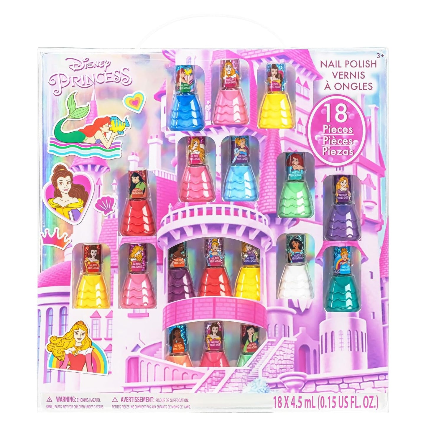 Townley Girl Disney Princess Castlebox Non-Toxic Peel-Off Water-Based Natural Safe Quick Dry Nail Polish | Gift Kit Set for Kids Girls, First Princess | Opaque Colors, Ages 3+ (18 Pcs)