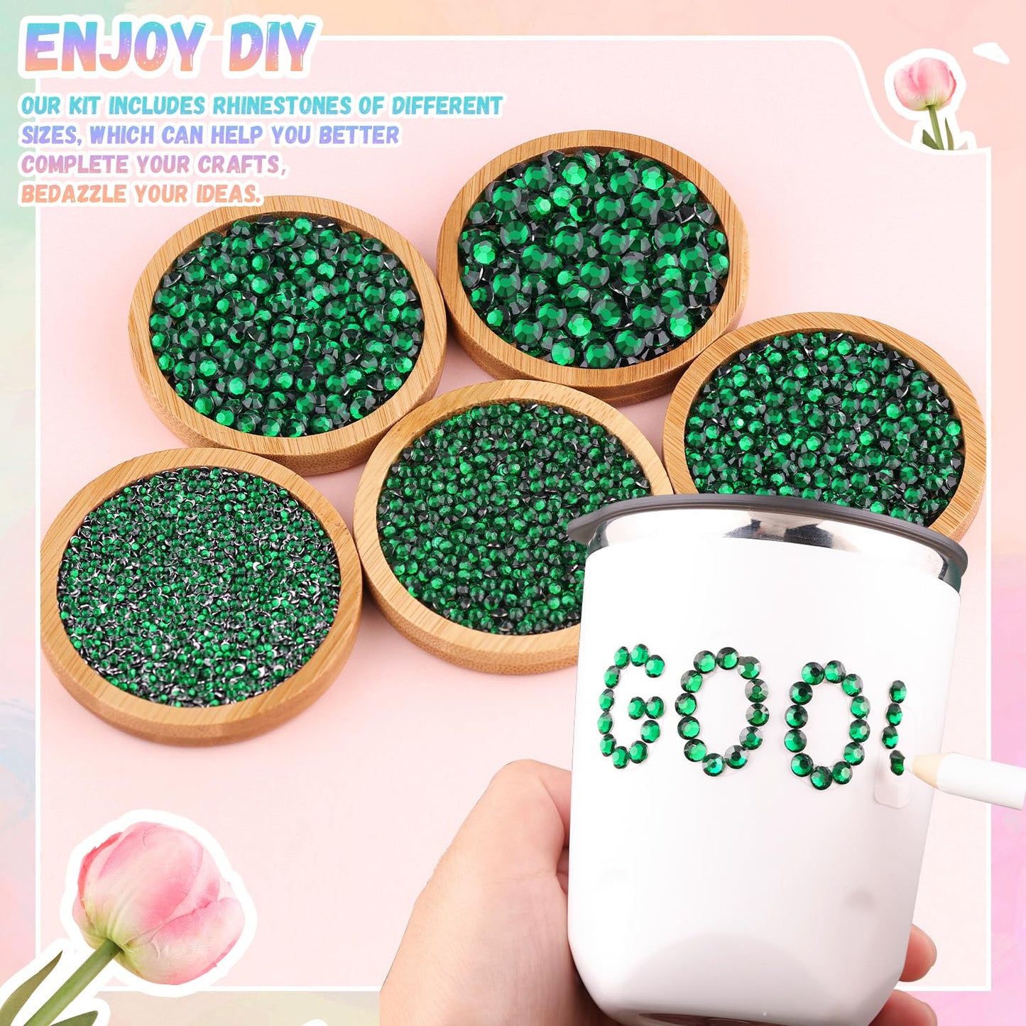 25000Pcs Resin Rhinestones with B7000 Jewelry Glue for Crafting, Dark Green 2-6mm Non Hotfix Flatback Gems, Bedazzling Crystal for DIY Crafts Clothing Tumblers Mugs Shoes Fabric Decor Nail Art