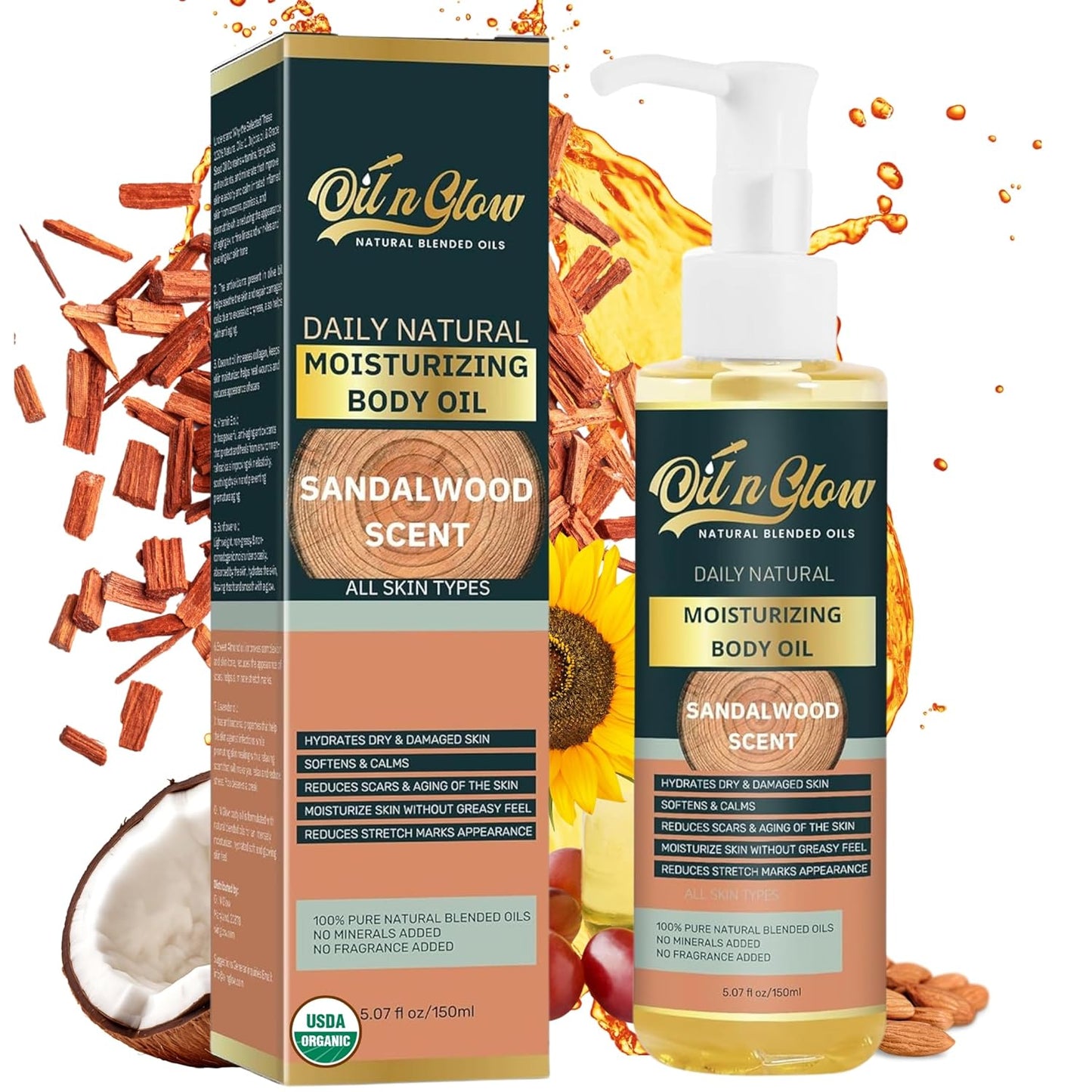 USDA Certified Organic Pure Natural Hydrating Body Oil After Shower With Coconut, Jojoba, Olive & Almond Non-Greasy Moisturizing Oil For Women & Men Dry Skin 5.07 fl oz/150ml-Sandalwood Scent