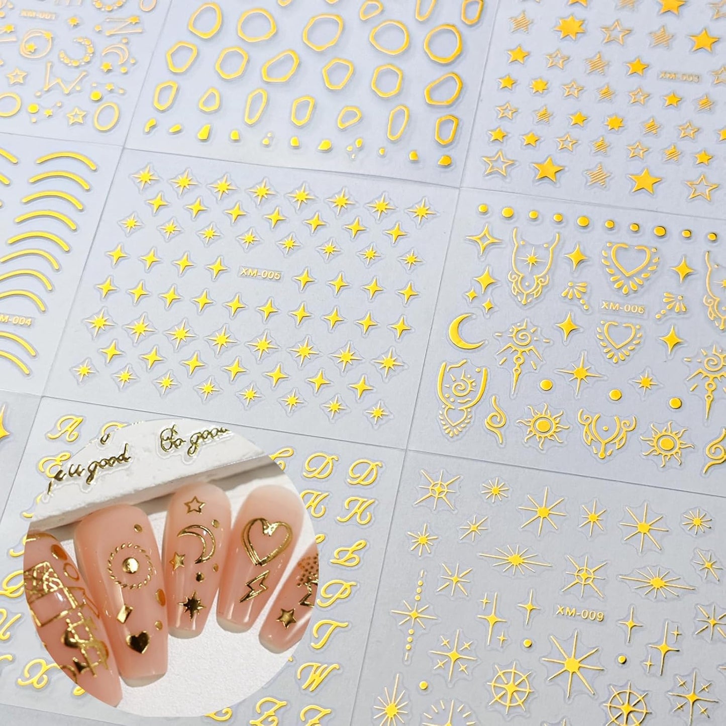 30Sheets Gold Nail Art Stickers Star Line 3D Self Adhesive Nail Stickers for Nail Art Moon Stars Nail Decals Heart Nail for Women and Girls Manicure DIY Decoration