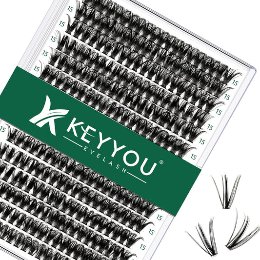 Lash Clusters 300pcs Individual Lashes 40D 0.07D Curl 15mm DIY Eyelash Extension KEYYOU Large Tray Volume Soft&Natural Eyelash Clusters(50D-0.07D,15）