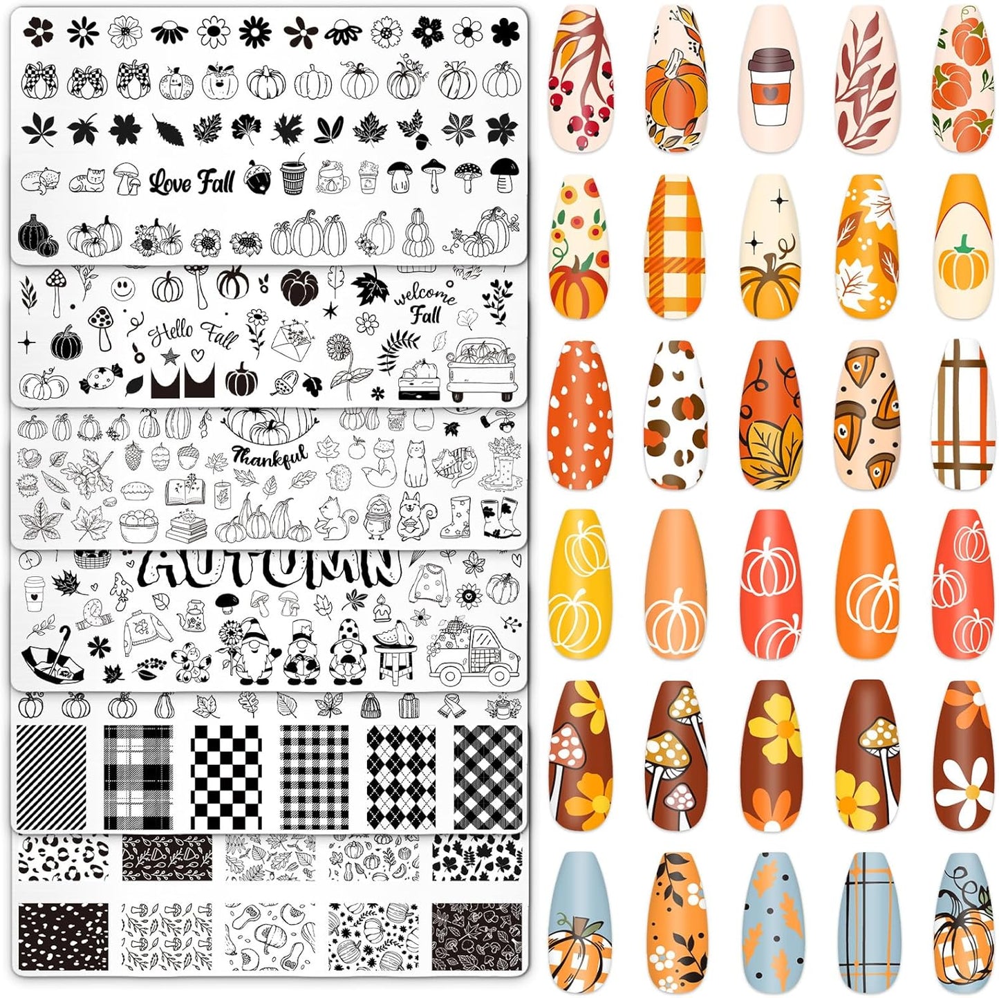 Whaline 6Pcs Fall Nail Plates Stamping Set Pumpkin Leaves Stamp Templates Nail Art Plates for Autumn Harvest Thanksgiving DIY Print Manicure Salon Design