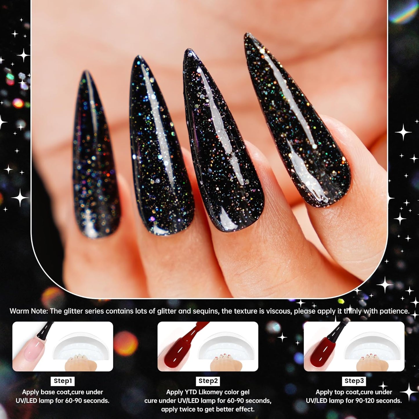 YTD Likomey Gel Nail Polish,15ml Sparkling Colorful Chunky Black Glitter Gel,Shiny Fall Winter Salon Home DIY Soak Off UV Manicure and Pedicure Varnish,CS024