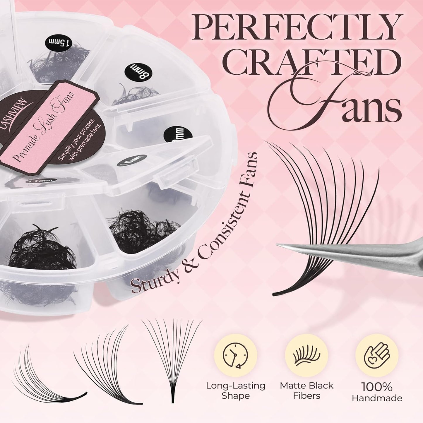 LASHVIEW 600 Premade Volume Eyelash Extensions Mixed Tray Fans C Curl Pointed Handmade Loose Fans Thin Base (10D-0.07C,8-15mm)