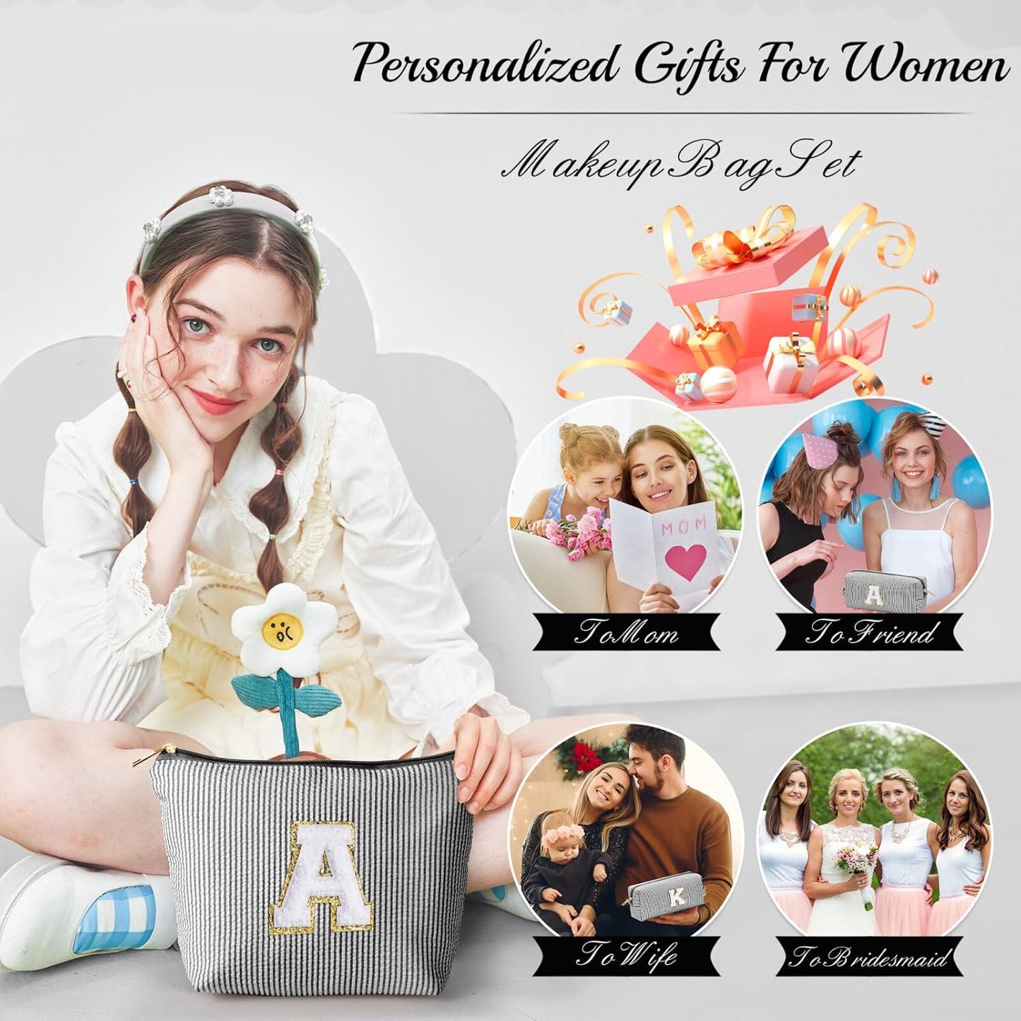 YOOLIFE Gifts for Girls, Women & Teenagers, Personalized Initial Makeup Bag, Unique Stitch Chenille Letter, Multicolor, Cosmetic Case, Makeup & Travel Use