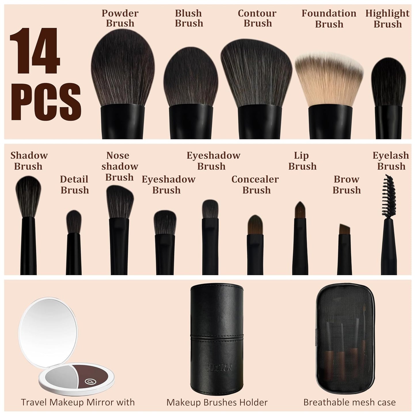 Jilier 14 pcs Mini Makeup Brushes and Pocket Mirror, Travel Makeup Brush Set, LED Compact Mirror with Light, Travel Size with Case, Portable for Handbag, Travel Essentials for Women