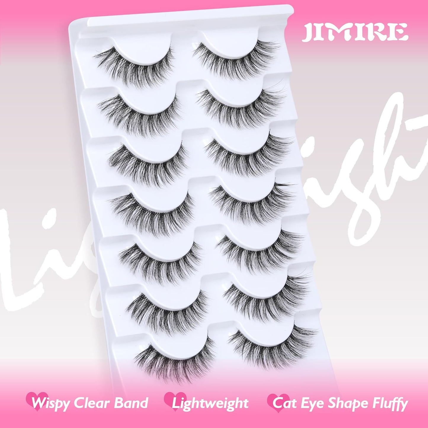 JIMIRE Lashes with Clear Band Demi-Wispies Fluffy Faux Mink Eyelashes Wispy Cat-Eye False Eyelashes Natural Look 7 Pairs Pack