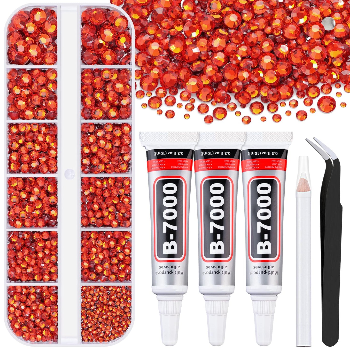 6000Pcs Resin Rhinestones for Bedazzling with 3Pcs B7000 Jewelry Glue, 1 Box Red Zircon Flatback Rhinestones for Crafting Crafts DIY, Crystals Gems for Clothing Shoes Tumblers Nail Art Makeup