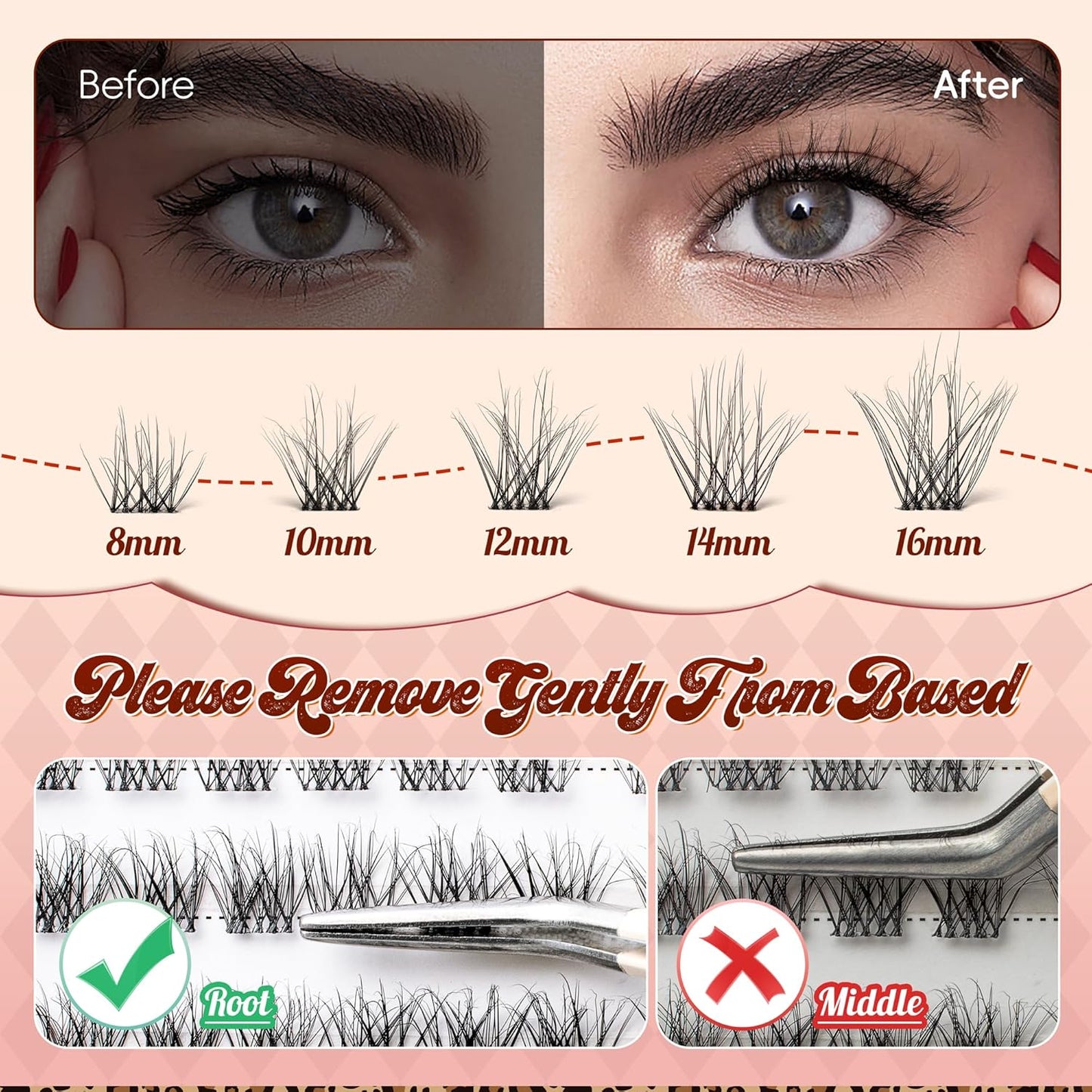 Lash Clusters 0.05mm PBT Fiber Eyelash Clusters, 0.1mm Superfine Invisiband D Curl Diy Lash Extension, 96pcs 8-16mm Individual Like Eyelash Extensions (Dash-D-8-16Mix)