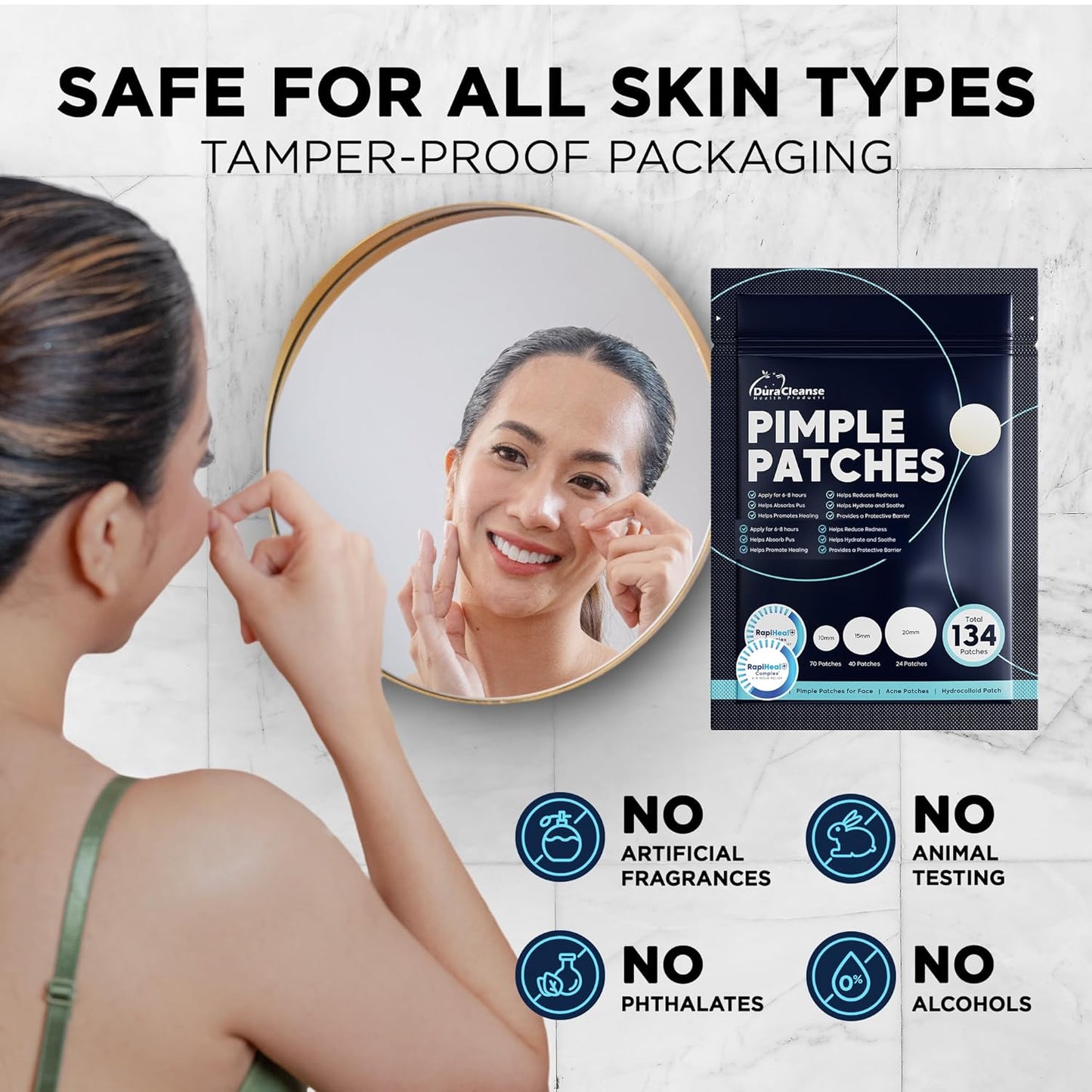Pimple Patches for Face - 134 Count Hydrocolloid Acne Patches - Zit, Blemish, Cystic Acne Dots & Dark Spot Treatment - Invisible Clear Pimple Patch Stickers for Forehead, Chin, Nose, 3 Sizes (S, M, L)