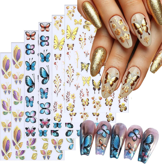 Butterfly Nail Art Stickers 3D Self-Adhesive Nails Sticker Gold Butterflies Nail Decals Holographic Spring Decal Decoration for Women Blue Butterfly Manicure Stickers DIY Nail Art Sticker Supplies