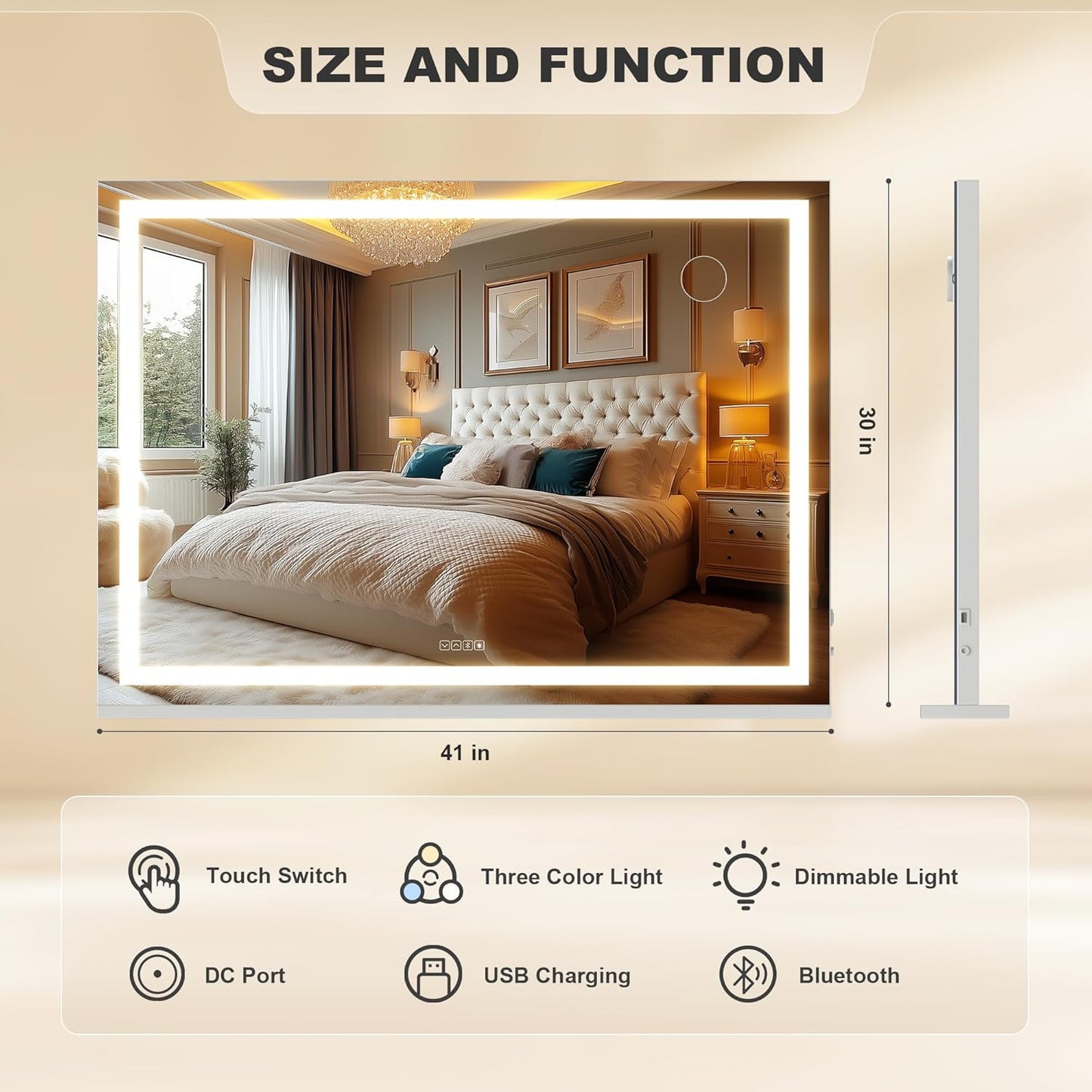 Hasipu Vanity Mirror with Lights and Bluetooth Speaker, 42" x 29.5" LED Makeup Mirror, Lighted Makeup Mirror with Dimmable 3 Modes, Touch Screen Control Vanity Mirror Square White