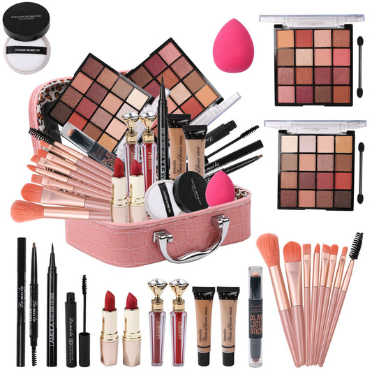 Makeup Kit for Teen Girls,All in One Makeup Kit for 2X16 Colors Eyeshadow Liquid Foundation Eyeliner Pencils Contouring Stick Lip Gloss Eyebrow Pencils 8Pcs Makeup Brushes etc (pink)