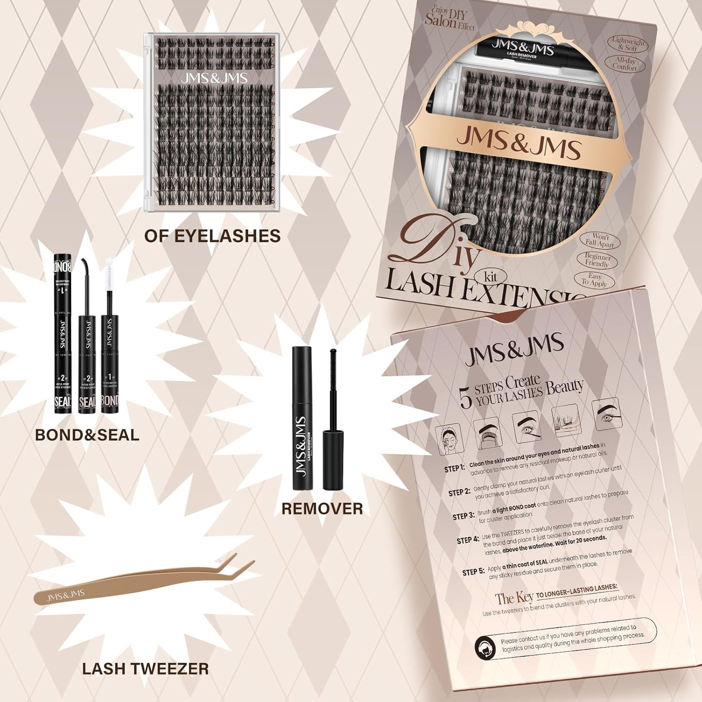 JMS&JMS Lash Clusters Kit 156Pcs CC Curl Lash Extension Kit with Lash Bond and Seal Eyelash Applictor Lash Remover Eyelash Brush Lash Extension Kit for Beginner (Side Spike-8-18mix)