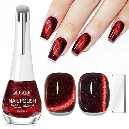 Red Magnetic Nail Polish Non Gel, Cat Eye Nail Polish Quick Dry Lacquer Manicure Gift For Women Girls 16ml/0.54 oz