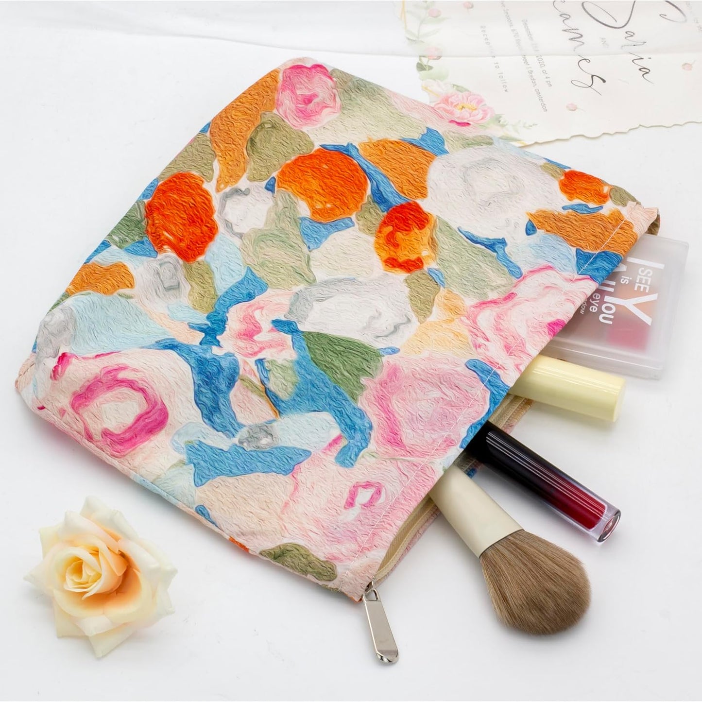 PAZIMIIK Floral Makeup Bag Large Cotton Zipper Pouch for Purse Travel Canvas Make Up Organizer for Women Cosmetic,Garden Orange