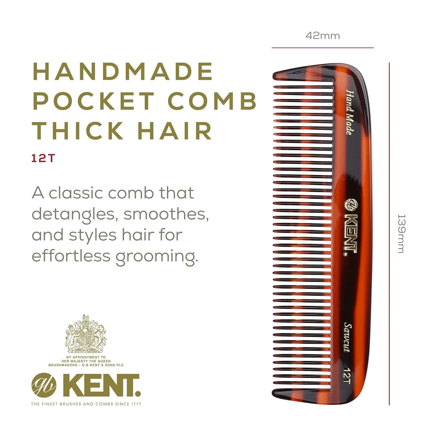 Kent 12T Wide-Tooth Detangling Comb - Handmade Pocket Comb for Thick, Curly, Wavy Hair - Large Saw-Cut and Hand-Polished Grooming Comb for Hair, Beard, and Mustache