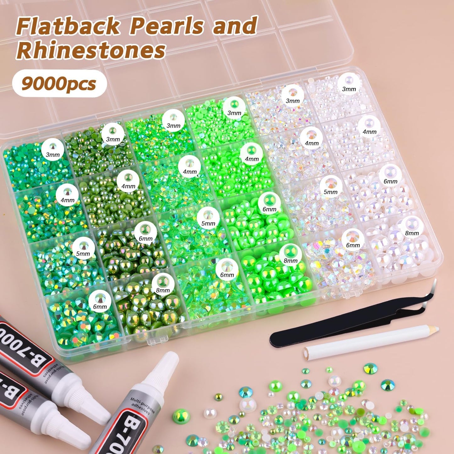 9000PCS Flatback Pearls and Rhinestones for Crafting, Green 3-10mm Resin Rhinestones and Half Pearls for Bedazzling, Nail Art and Dec with 3pcs B7000 Jewelry Glue, Tweezer and Pickup Pencil