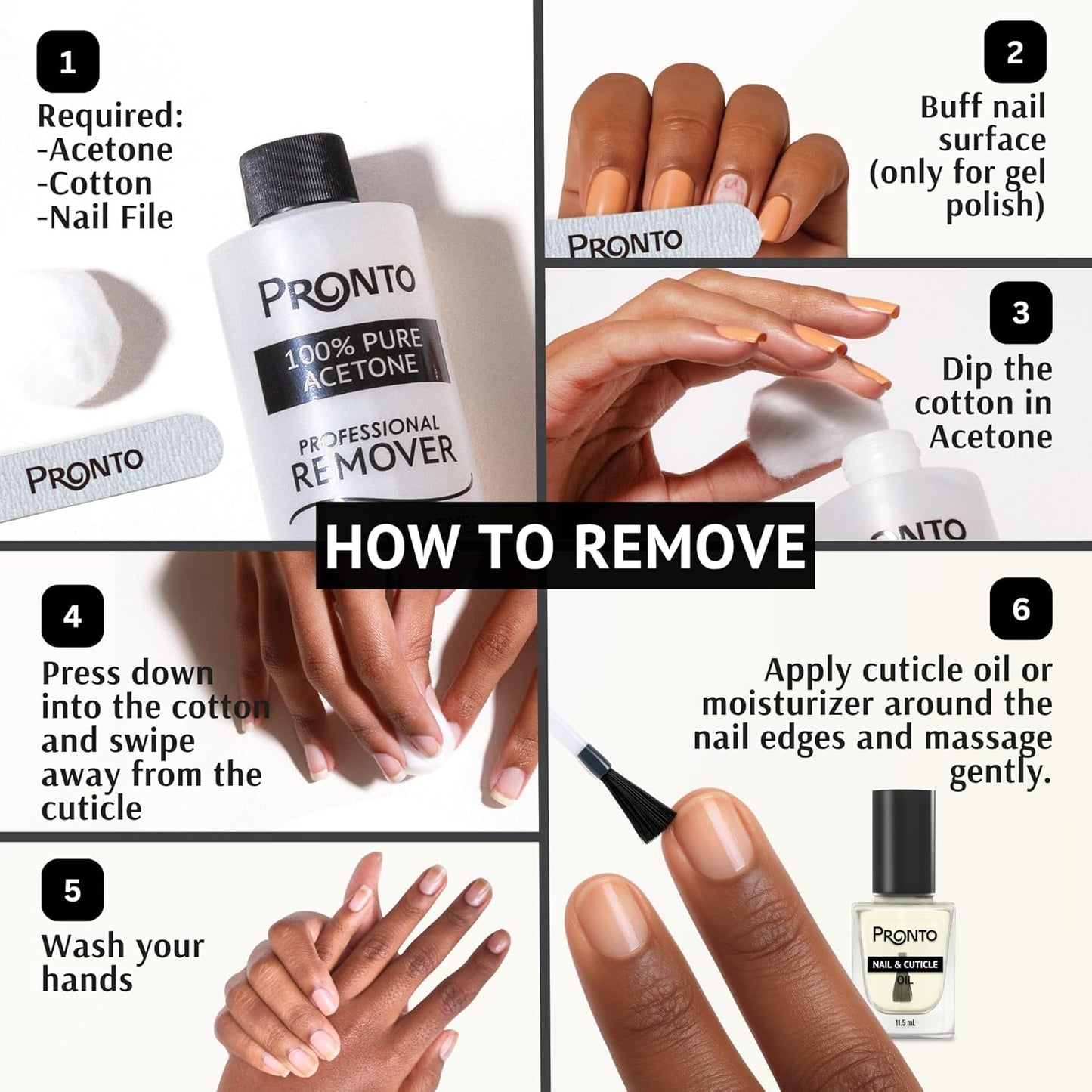 Pronto 16 Oz Acetone Nail Polish Remover and Nail Cuticle Oil Duo, 100 Percent Pure Acetone for Natural, Gel, Acrylic Nails, Cuticle Oil Drops for Repairing Damaged Cuticles and Nail Hydration