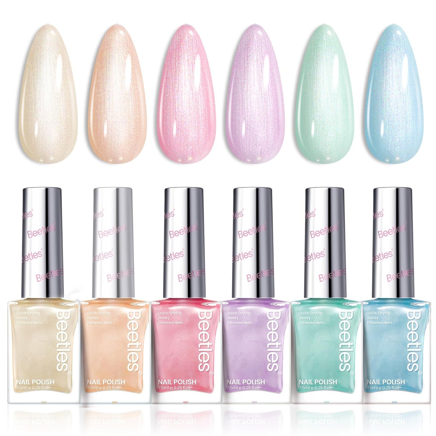 Beetles Nail Polish Set, 6 Colors Pearl Nail Polish Kit Pastel Pearl Shimmer Pink Orange Blue Green Dreamy Swirl Quick Dry Fingernail Polish Gifts for Women Salon DIY Manicure Kit